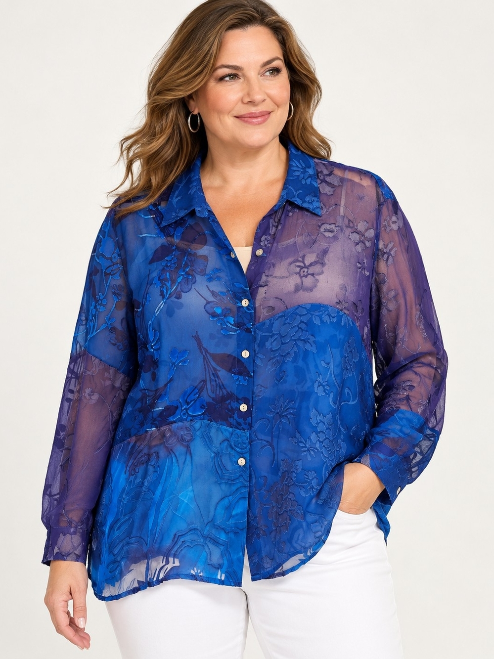 Chico’s Size 3 Silk Blend Sheer Patchwork Floral Button Down Blouse Blue Purple